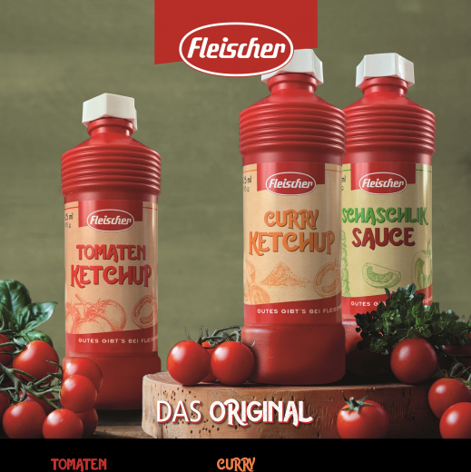 Fleischer 3 er Probierset, je 1 Fl. Tomaten-Ketchup, Curry-Ketchup, Schaschlik-Sauce a 425 ml. / 495 g