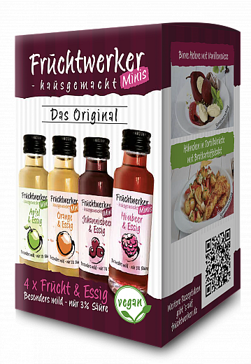 Fruchtwerker 4er Mini-Set, je 20 ml. der Sorten Himbeer, Orange, Johannisbeer, Apfel & Essig -NEU-