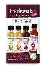 Fruchtwerker 4er Mini-Set, je 20 ml. der Sorten Himbeer, Orange, Johannisbeer, Apfel & Essig -NEU-